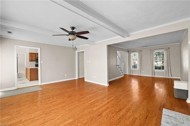 2505 Castle Hill Ct, Virginia Beach, VA 23454 - unfurnished living room with ceiling fan, light wood-style floors, stairs, ornamental molding, and beamed ceiling