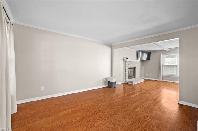 2505 Castle Hill Ct, Virginia Beach, VA 23454 - unfurnished living room with wood finished floors, crown molding, and a fireplace
