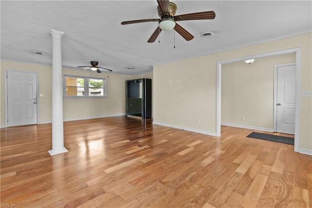 731 Carolina Ave, Virginia Beach, VA 23451 - unfurnished living room featuring ornate columns, a ceiling fan, light wood-style flooring, and ornamental molding