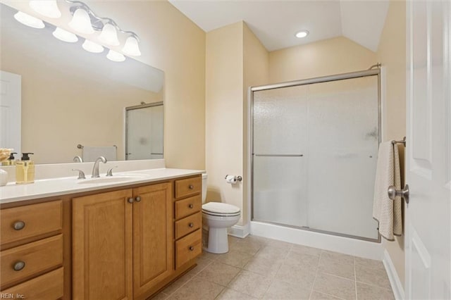 6885 Colemans Crossing Ave, Hayes, VA 23072 - bathroom with a stall shower, vanity, tile patterned floors, and lofted ceiling