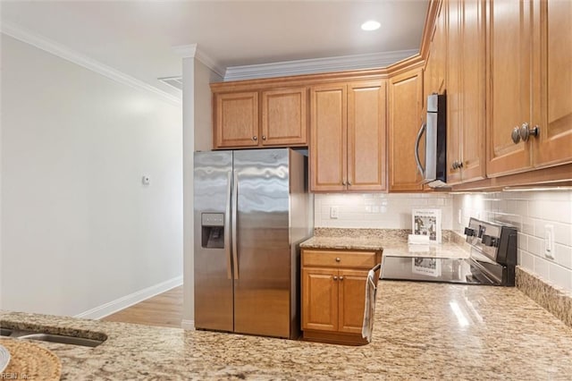 6885 Colemans Crossing Ave, Hayes, VA 23072 - kitchen with stainless steel appliances, light stone countertops, ornamental molding, and backsplash