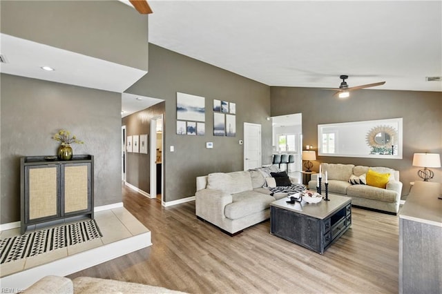 3441 Daisy Cres, Virginia Beach, VA 23453 - living room featuring ceiling fan, wood finished floors, and lofted ceiling