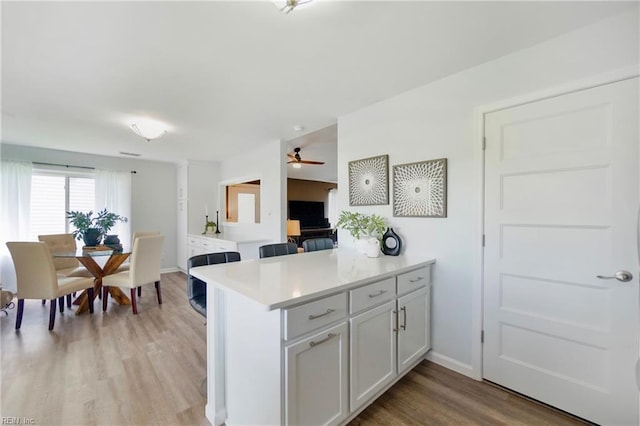 3441 Daisy Cres, Virginia Beach, VA 23453 - kitchen featuring light countertops, a peninsula, light wood-type flooring, ceiling fan, and white cabinets