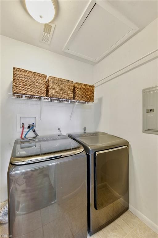 3441 Daisy Cres, Virginia Beach, VA 23453 - laundry room featuring washing machine and dryer, electric panel, attic access, and light tile patterned flooring