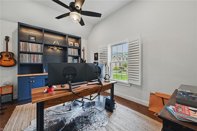 409 Torre Pine Ct, Chesapeake, VA 23322 - home office with ceiling fan, lofted ceiling, and dark wood-type flooring