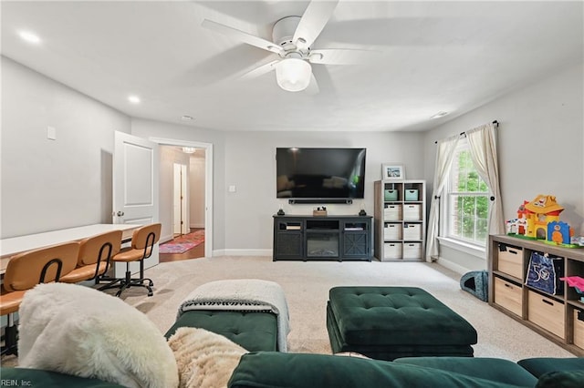 409 Torre Pine Ct, Chesapeake, VA 23322 - living room with carpet flooring, ceiling fan, and recessed lighting