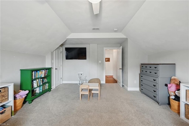 409 Torre Pine Ct, Chesapeake, VA 23322 - playroom with lofted ceiling, carpet floors, and ceiling fan