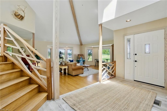 1737 Pleasant Ridge Rd, Virginia Beach, VA 23457 - entryway featuring high vaulted ceiling, stairs, wood finished floors, beamed ceiling, and recessed lighting