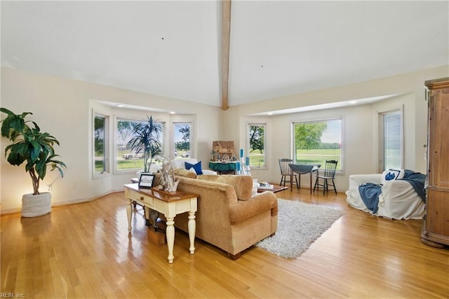 1737 Pleasant Ridge Rd, Virginia Beach, VA 23457 - living room featuring light wood-style floors, high vaulted ceiling, and beamed ceiling