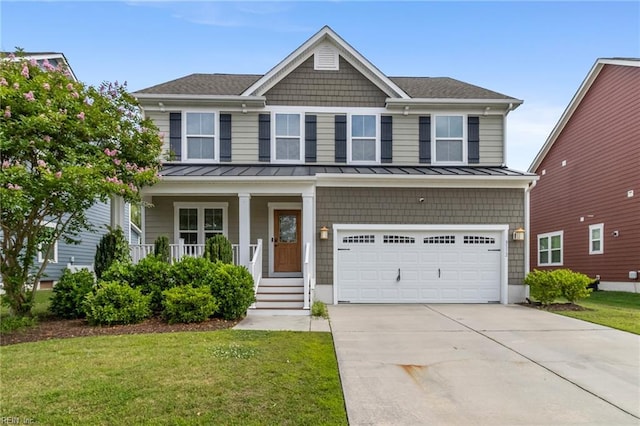 3112 Sybilla St, Chesapeake, VA 23323 - view of front facade with a standing seam roof, a garage, concrete driveway, a front yard, and a porch