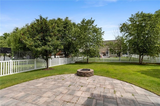 3112 Sybilla St, Chesapeake, VA 23323 - fenced backyard with a patio area and an outdoor fire pit