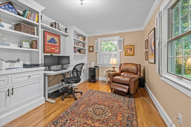 537 Cavalier Dr, Virginia Beach, VA 23451 - office area featuring built in study area, light wood finished floors, and crown molding