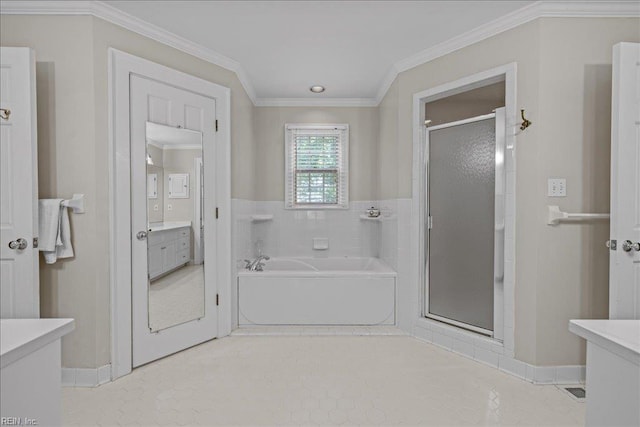 537 Cavalier Dr, Virginia Beach, VA 23451 - bathroom with vanity, a garden tub, a stall shower, ornamental molding, and tile patterned flooring