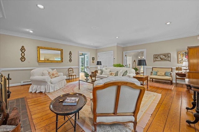 537 Cavalier Dr, Virginia Beach, VA 23451 - living room featuring hardwood / wood-style flooring, baseboard heating, ornamental molding, and recessed lighting