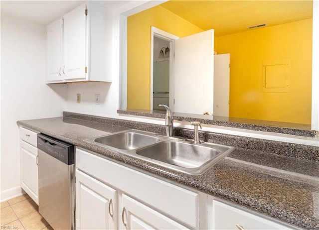 3724 Radford Cir, Chesapeake, VA 23321 - kitchen featuring dishwasher, white cabinets, light tile patterned floors, and dark stone countertops