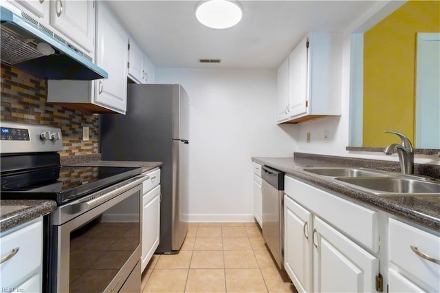 3724 Radford Cir, Chesapeake, VA 23321 - kitchen featuring appliances with stainless steel finishes, under cabinet range hood, backsplash, and white cabinets