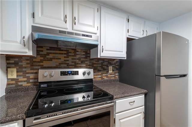 3724 Radford Cir, Chesapeake, VA 23321 - kitchen featuring appliances with stainless steel finishes, under cabinet range hood, dark countertops, white cabinetry, and tasteful backsplash