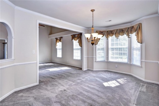 6667 Rexford Ln, Williamsburg, VA 23188 - unfurnished dining area featuring a chandelier, carpet floors, plenty of natural light, and ornamental molding