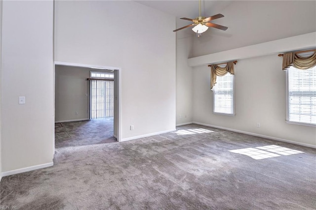 6667 Rexford Ln, Williamsburg, VA 23188 - spare room with high vaulted ceiling, carpet floors, and a ceiling fan