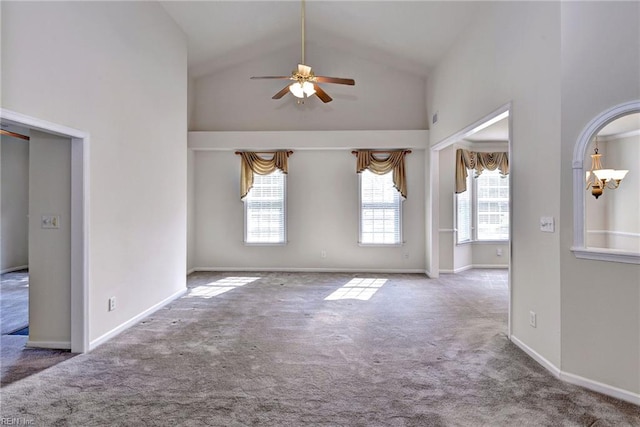 6667 Rexford Ln, Williamsburg, VA 23188 - carpeted empty room with a ceiling fan and high vaulted ceiling