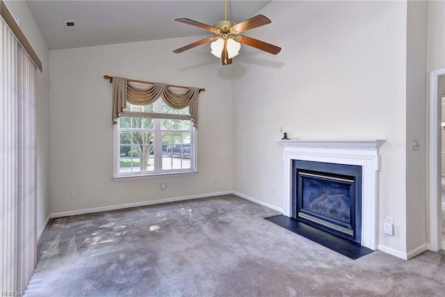 6667 Rexford Ln, Williamsburg, VA 23188 - unfurnished living room with carpet flooring, vaulted ceiling, ceiling fan, and a fireplace with flush hearth
