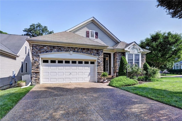 6667 Rexford Ln, Williamsburg, VA 23188 - view of front of home with stone siding, driveway, a garage, and a front lawn