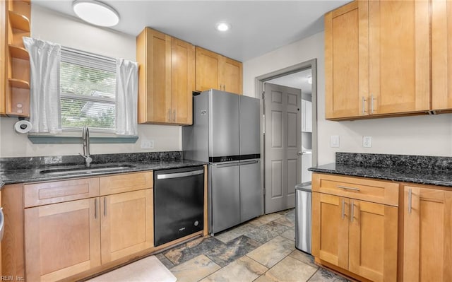 2504 Pine Needles Cir, Virginia Beach, VA 23453 - kitchen with dishwashing machine, freestanding refrigerator, dark stone countertops, light stone finish floors, and open shelves