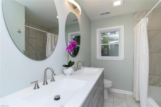 1 N Greenfield Ave, Hampton, VA 23666 - bathroom featuring marble finish floors, double vanity, and shower / tub combo with curtain