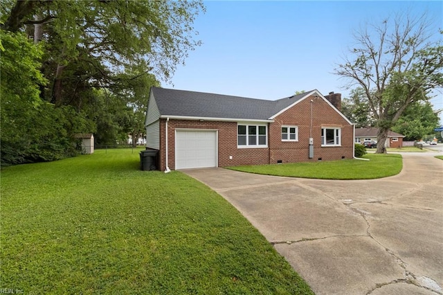 1 N Greenfield Ave, Hampton, VA 23666 - view of front of house with driveway, an attached garage, brick siding, a chimney, and a front lawn