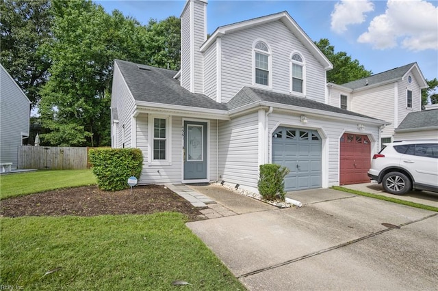 4961 Kemps Lake Dr, Virginia Beach, VA 23462 - traditional home with driveway, a chimney, and a shingled roof