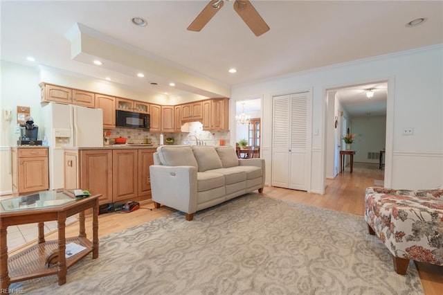 1328 Burlington Rd, Virginia Beach, VA 23464 - living room with light wood finished floors, a ceiling fan, ornamental molding, recessed lighting, and a chandelier