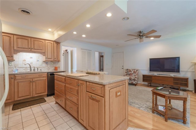 1328 Burlington Rd, Virginia Beach, VA 23464 - kitchen featuring crown molding, recessed lighting, ceiling fan, light stone countertops, and tasteful backsplash
