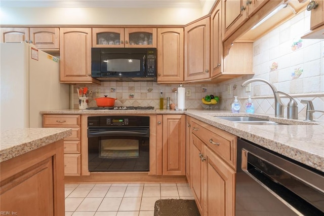1328 Burlington Rd, Virginia Beach, VA 23464 - kitchen featuring black appliances, ornamental molding, light stone counters, backsplash, and light tile patterned floors