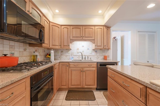 1328 Burlington Rd, Virginia Beach, VA 23464 - kitchen with black appliances, crown molding, light stone countertops, light tile patterned floors, and tasteful backsplash