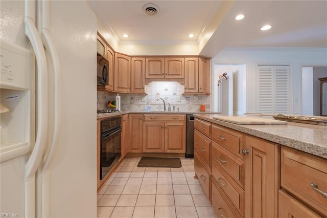 1328 Burlington Rd, Virginia Beach, VA 23464 - kitchen featuring black appliances, crown molding, light tile patterned floors, decorative backsplash, and light stone counters