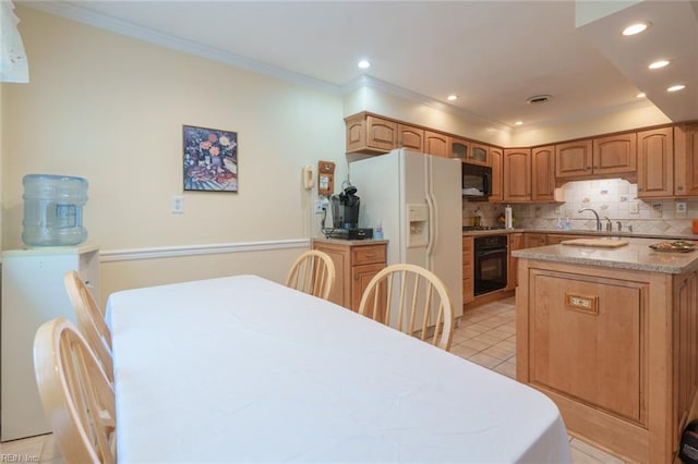 1328 Burlington Rd, Virginia Beach, VA 23464 - kitchen with black appliances, crown molding, decorative backsplash, recessed lighting, and light tile patterned floors