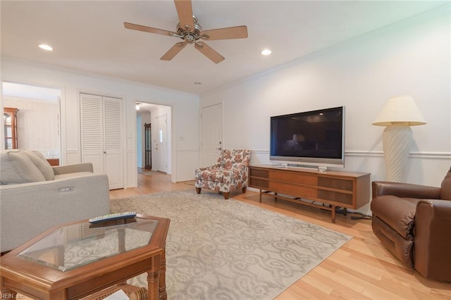 1328 Burlington Rd, Virginia Beach, VA 23464 - living area with ceiling fan, light wood-style floors, crown molding, and recessed lighting