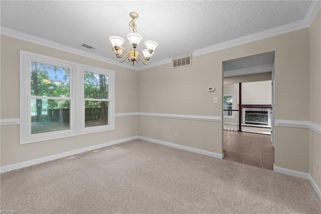 890 Brompton Ct, Newport News, VA 23608 - carpeted empty room featuring a chandelier, a textured ceiling, crown molding, a glass covered fireplace, and tile patterned floors
