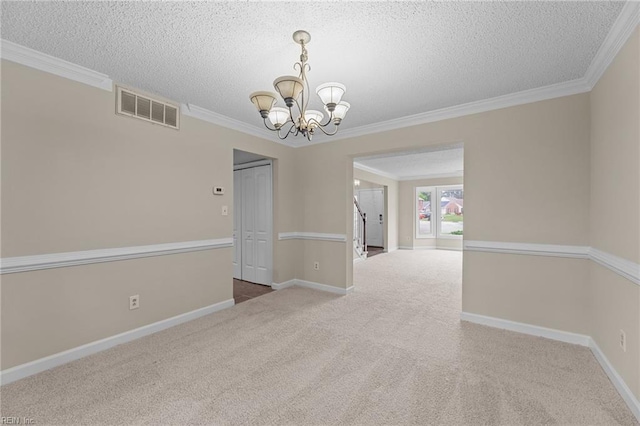 890 Brompton Ct, Newport News, VA 23608 - spare room featuring a chandelier, a textured ceiling, carpet floors, and crown molding