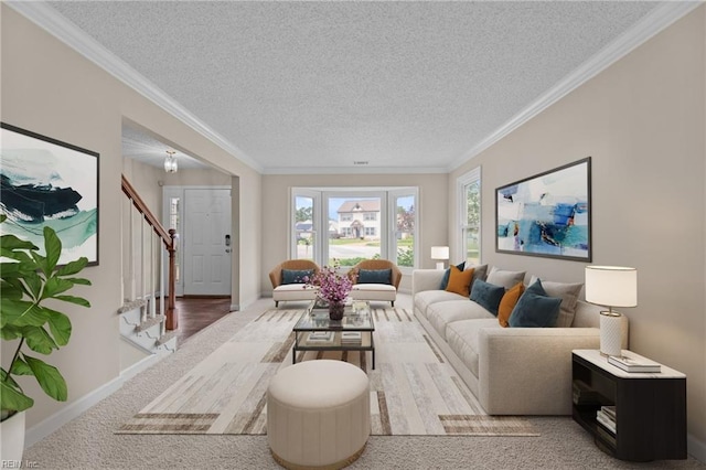 890 Brompton Ct, Newport News, VA 23608 - carpeted living room featuring a textured ceiling, stairway, and ornamental molding