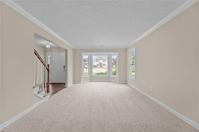 890 Brompton Ct, Newport News, VA 23608 - empty room featuring carpet, a textured ceiling, stairway, and ornamental molding