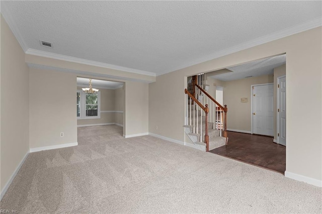 890 Brompton Ct, Newport News, VA 23608 - carpeted spare room with stairway, a textured ceiling, a chandelier, and ornamental molding