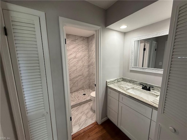 613 Presidential Blvd, Virginia Beach, VA 23452 - bathroom featuring a shower stall, vanity, a closet, recessed lighting, and marble look tile flooring