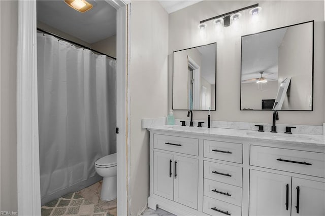 3440 Marabou Ln, Virginia Beach, VA 23451 - full bathroom featuring double vanity, a ceiling fan, and shower / bath combination with curtain