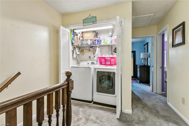 19 Dawn Ln, Hampton, VA 23666 - laundry area featuring washer and clothes dryer, carpet floors, and attic access