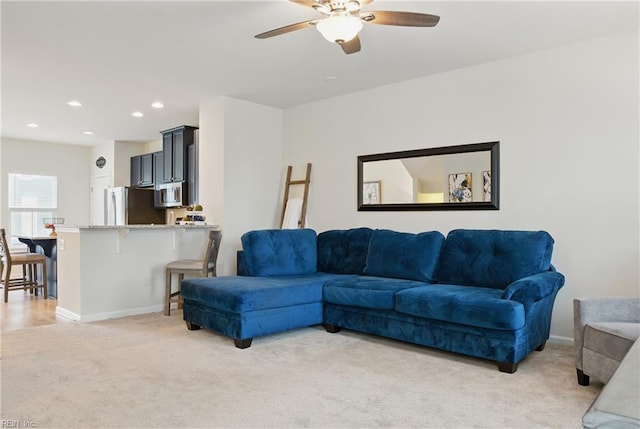 3102 Rollie Way, Chesapeake, VA 23323 - living room with light colored carpet, ceiling fan, and recessed lighting