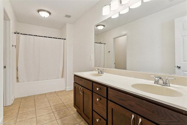 305 Roane Dr, Hampton, VA 23669 - full bath featuring double vanity, tile patterned flooring, and shower / bathtub combination with curtain