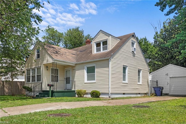 8048 Tidewater Dr, Norfolk, VA 23505 - cape cod-style house featuring an outbuilding, a shingled roof, a chimney, a garage, and driveway
