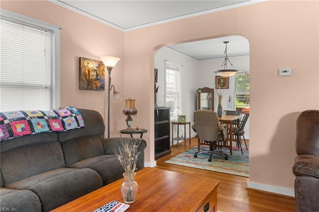 8048 Tidewater Dr, Norfolk, VA 23505 - living room featuring arched walkways, wood finished floors, and ornamental molding