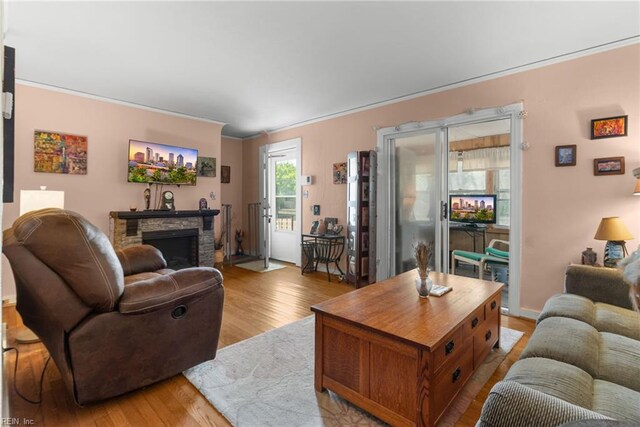 8048 Tidewater Dr, Norfolk, VA 23505 - living room featuring light wood-style floors, a stone fireplace, and ornamental molding